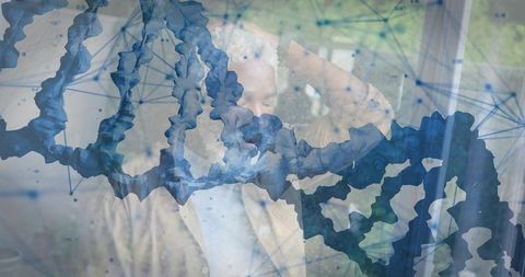 Elder professional standing by window with blue dna helix overlay and network data mesh