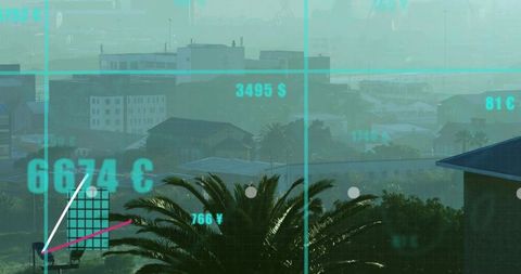 Turquoise data grid overlaying coastal port with palm canopy, industrial harbor skyline