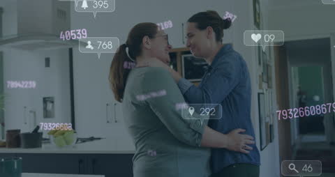 Loving Caucasian Couple Surrounded by Futuristic Data Interface