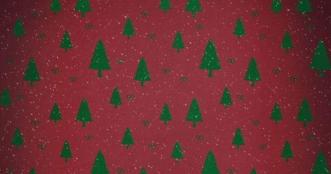 Green Christmas Trees on Red Background with Falling Snow