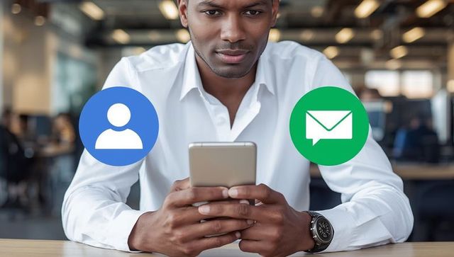 Businessman using smartphone with communication icons overlay