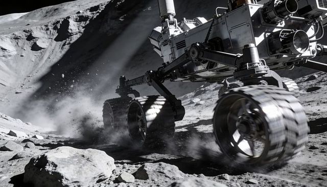 Six-wheeled lunar rover traversing rugged regolith, kicking dust and revealing suspension