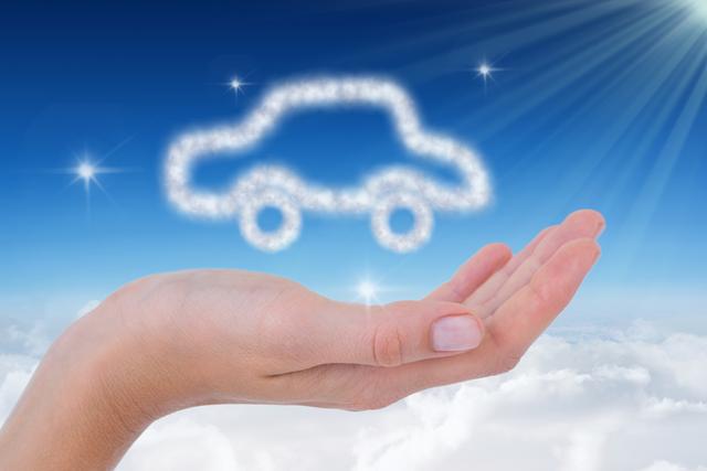 This image shows a hand appearing to hold a car-shaped cloud in a blue sky with sunlight rays. Ideal for concepts related to dreams, aspirations, transportation, and imaginative scenarios. Perfect for advertisements, inspirational posters, and websites dealing with travel or automotive services.