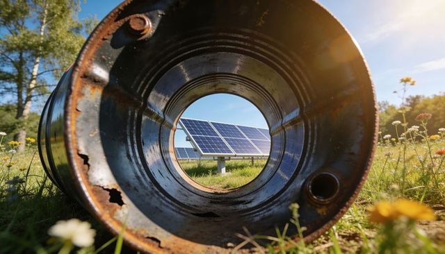 Rusted pipe framing ground-mounted solar panels in wildflower meadow with sun flare