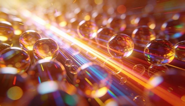 Iridescent glass spheres refracting vibrant light streaks and bokeh in macro abstract