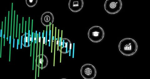 Displaying neon multicolor waveform with circular analytics icon badges and growth symbols