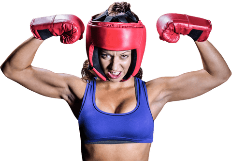 Confident female boxer flexing muscles transparent background