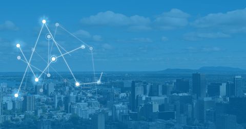 Digital Network Connections Overlay on Cityscape Background