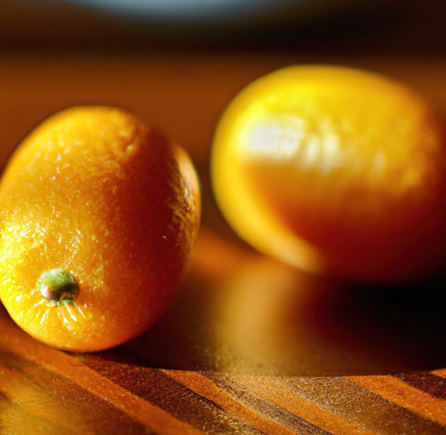 This close-up of ripe kumquat fruit on a wooden surface captures the vibrant golden hue of the citrus fruit. Perfect for culinary blogs, health and nutrition websites, organic food promotions, summer fruit advertising, and tropical produce showcases.
