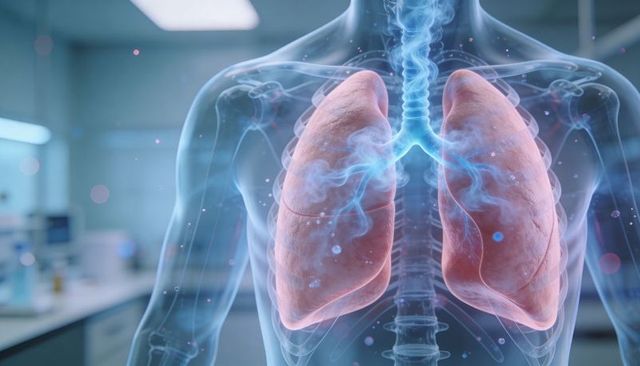 Transparent torso showing lungs and glowing trachea, holographic respiratory visualization