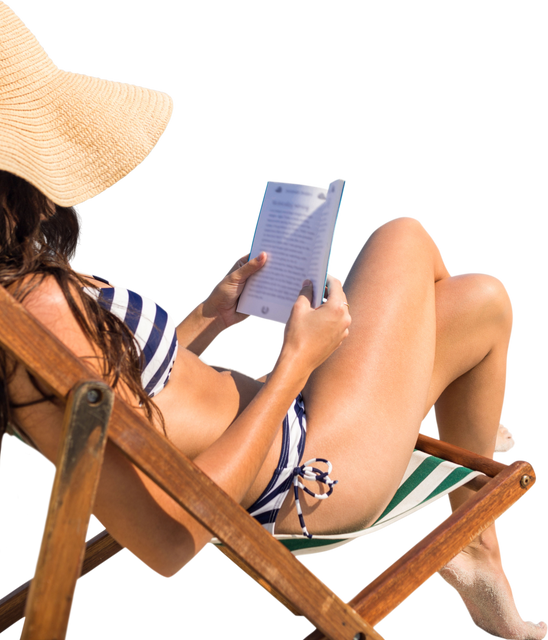 Caucasian Woman in Striped Swimsuit Reading on Sunbed with Transparent Background - Download Free Stock Videos Pikwizard.com