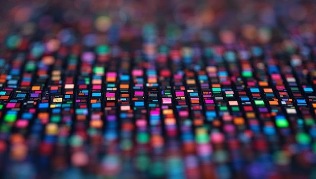 Macro led die array glowing on production bench with multicolor bokeh and reflective grid