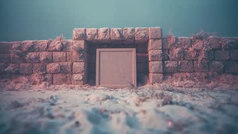 Abandoned Stone Wall with Square Hatch in Desolate Landscape