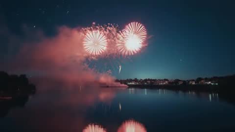 Fireworks Illuminating Night Sky over Tranquil Lakeshore