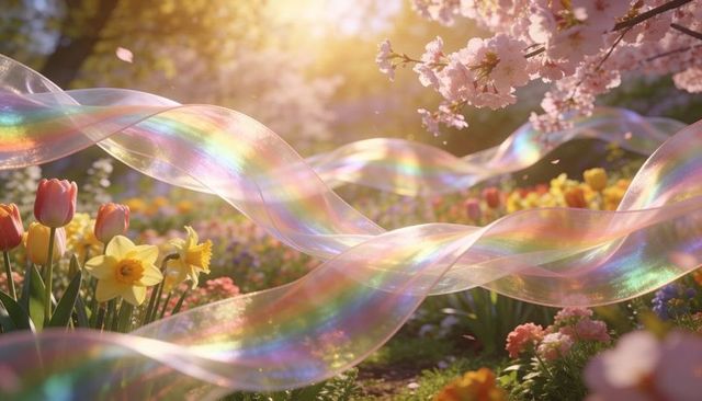 Iridescent ribbon flowing through sunlit spring garden with tulips, daffodils and blossoms