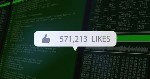 Floating Like Bubble Over Cybersecurity Dashboard Showing Code, Hex Data and Analytics