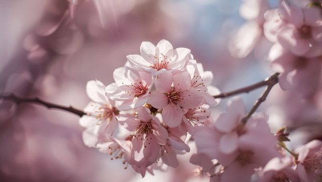 Blooming pale pink cherry blossoms on thin branch with soft bokeh pastel spring light