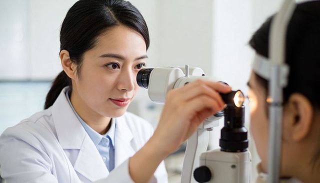 Ophthalmologist examining patient with slit lamp biomicroscope and performing diagnostic eye exam