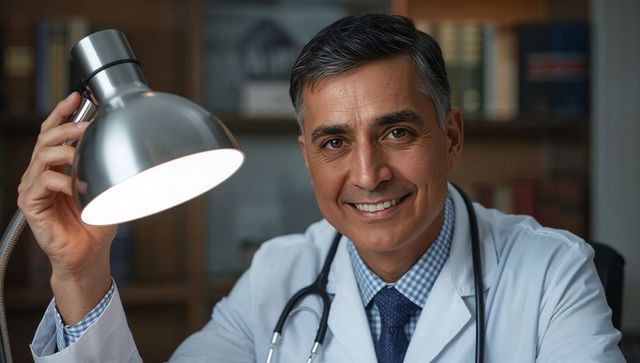 Smiling male physician holding lit desk lamp over clinic desk, stethoscope and bookshelf