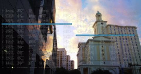 Neoclassical dome framing mirrored glass reflections at sunset with digital data overlay