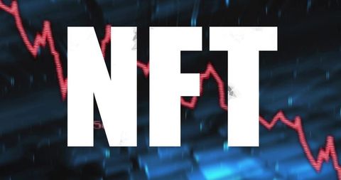 Nft market decline concept showing bold white letters over red downtrend chart