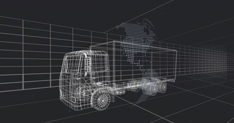 Futuristic Semi-Truck Wireframe in Digital Grid Space
