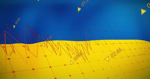 Ukraine flag with financial chart symbols on economic web interface