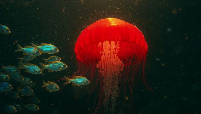 Red Jellyfish Among Vivid Fish in Dark Ocean