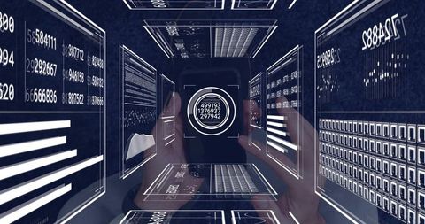 Male hands holding smartphone in immersive digital data tunnel with HUD interface panels