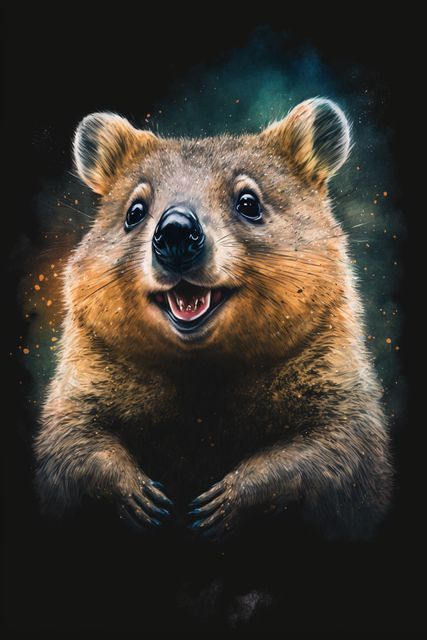 Colorful artwork capturing a cheerful quokka, ideal for adding a touch of joy to wall art, children's book illustrations, educational materials about wildlife, or nature-themed decor. Great for promoting animal conservation and creating uplifting visuals.