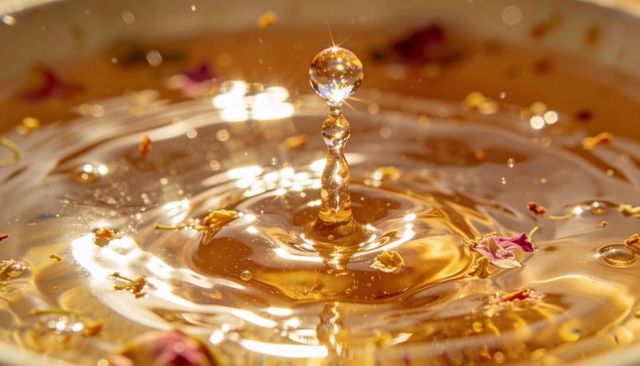 Golden honey water droplet splash with rose petals macro studio lighting and ripples