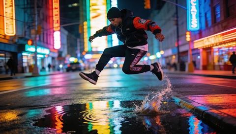 Jumping urban athlete splashing puddle under neon signs on rainy downtown street at night
