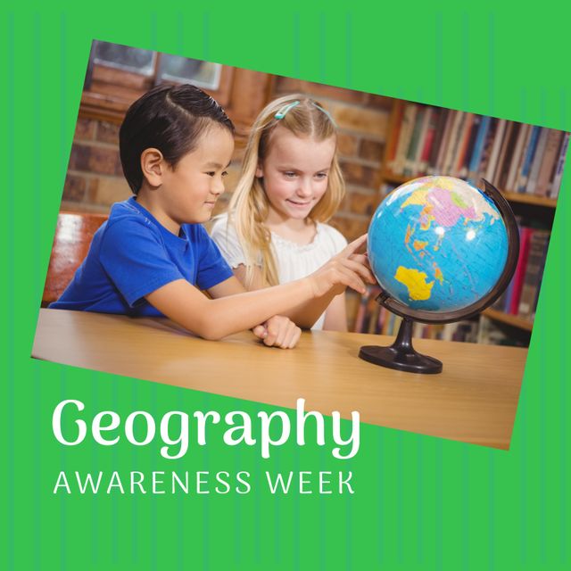 Image of geography awareness week over happy diverse boy and girl with globe. Geography, school and education concept.