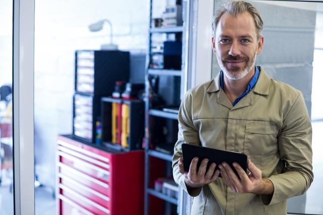 Mechanic in workshop using digital tablet, showcasing modern technology in automotive repair. Ideal for illustrating themes of technology integration in traditional industries, professional services, and modern mechanics.