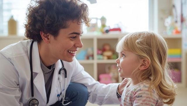 Kneeling Pediatric Clinician Comforting Toddler During Warm Medical Checkup