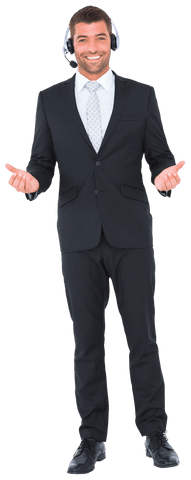 Smiling businessman with headset holding invisible object transparent background