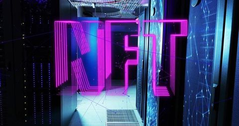 Floating Neon Pink NFT Hologram in Server Corridor