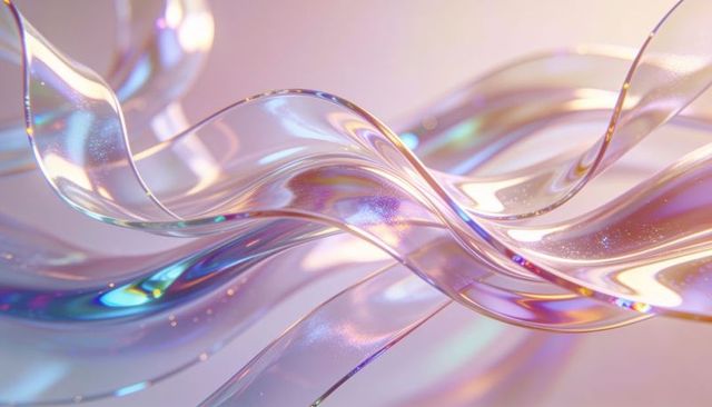 Iridescent glass ribbons flowing in pastel light with sparkling prismatic highlights