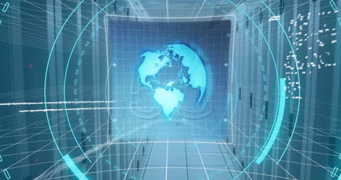 5G Technology and Global Data Processing Animation in Server Room