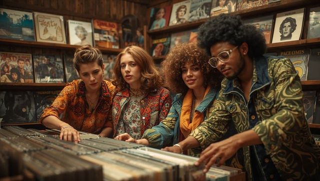 Group of friends exploring vinyl records in retro record store