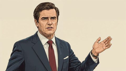 Confident prosecutor businessman making presentation in dark suit