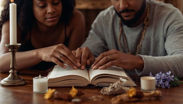 Couple reading book together with candles, sage and botanicals intimate cozy study moment