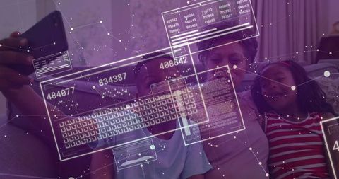 Grandchildren taking selfie with grandparent overlaid with digital interface