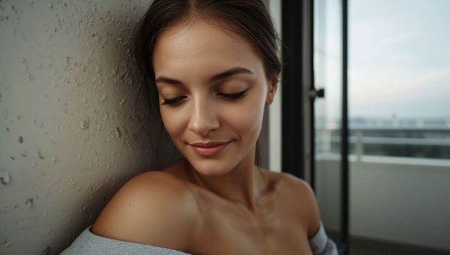 Serene young woman relaxing on balcony with off-shoulder top, soft daylight portrait