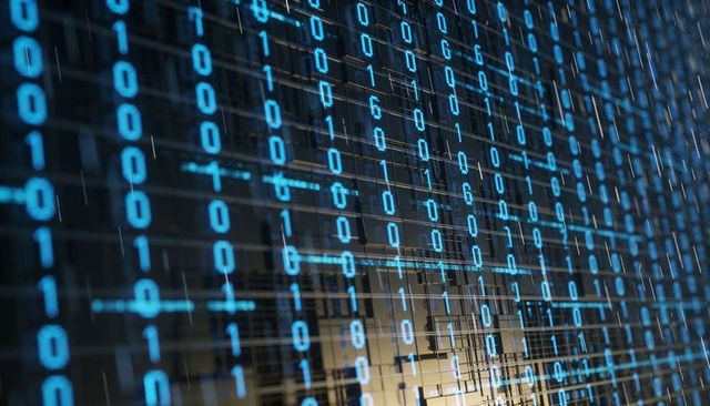 Streaming binary matrix cascading over datacenter circuit grid glowing neon cyan