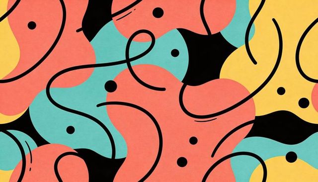 Midcentury retro abstract colorblock pattern featuring coral teal blobs, black strokes
