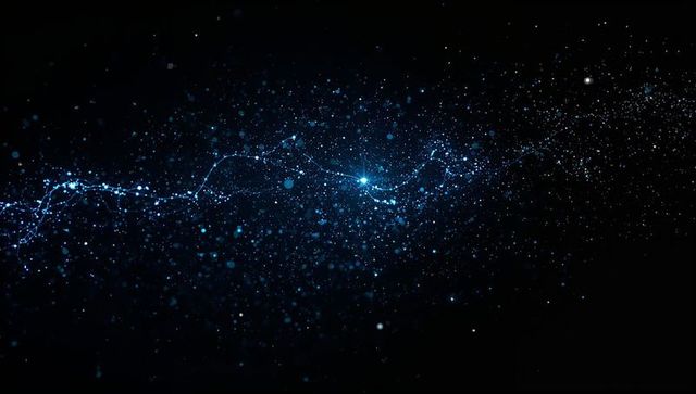 Glowing blue filament connecting central node and scattering bokeh lights across dark void
