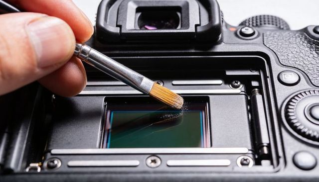 Cleaning dslr sensor with soft brush, close-up precision camera maintenance and dust removal