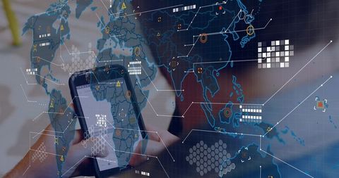 Businessman swiping smartphone with global data visualization and cyber security network