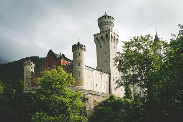 Magnificent medieval castle surrounded by lush green trees. The fortress towers over the scenic green forest and its impressive architecture showcases historical European design. Ideal for content related to travel, history, architecture, fairy tales, or romantic getaways.